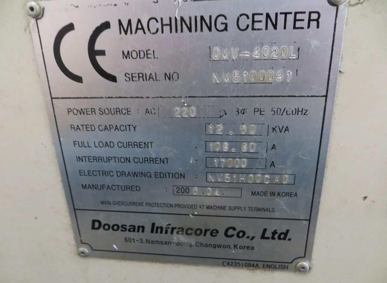 VERTICAL MACHINING CENTER DOOSAN DMV4020L
